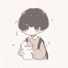 a drawing of a boy holding a cat with hearts around