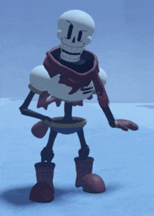 a cartoon skeleton with a scarf around his neck and red boots