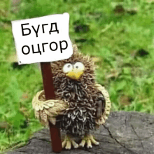 a statue of an owl holding a sign that says bugd ochop