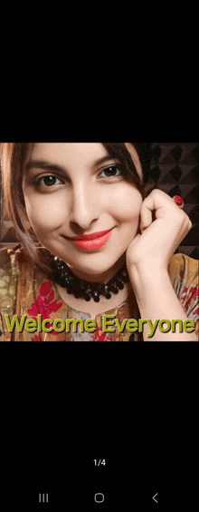 a picture of a woman with the words welcome everyone at the top