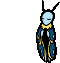 a cartoon drawing of a blue and yellow bug