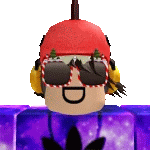 a cartoon character wearing a red hat , sunglasses , headphones and a smiley face .