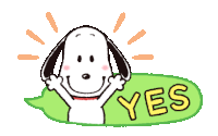 a cartoon of snoopy saying yes with his arms in the air