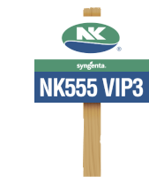 a sign for syngenta nk555 vip3 is attached to a wooden post