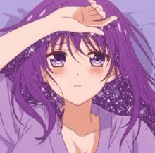 a girl with purple hair and blue eyes is covering her forehead with her hand .