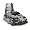 a cartoon car with its trunk open is sitting on a table .