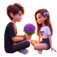 a boy is giving a bouquet of purple roses to a girl wearing a bac shirt