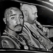 a black and white drawing of two men in a car looking out the window