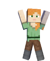 a minecraft character with a green shirt and brown pants is standing with his arms in the air