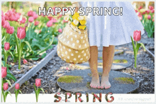 a woman in a white dress is holding a basket of flowers with the words happy spring written on the bottom