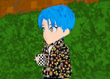 a cartoon character with blue hair holding a cup of coffee