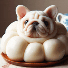 a statue of a french bulldog made out of bread