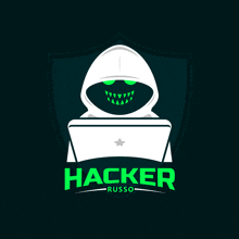 a logo for hacker russo shows a hooded figure behind a laptop