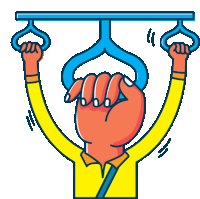 a cartoon drawing of a person holding onto a blue handle