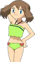 a cartoon girl wearing a green top and green bikini bottoms