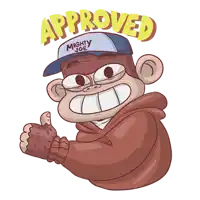 a cartoon monkey wearing a hat that says mighty joe giving a thumbs up