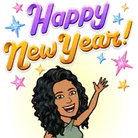 a cartoon of a woman waving with the words happy new year in the background