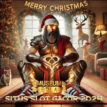 a poster for merry christmas with a man in armor and a santa hat