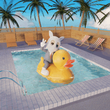 a cartoon character rides a yellow rubber duck in a pool