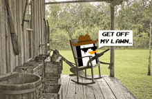 a cartoon penguin is sitting in a rocking chair on a porch and says get off my lawn