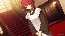 a girl with red hair is wearing a white apron and standing in front of a set of stairs