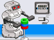 a pixel art drawing of a robot with a sign that says robot block in the background