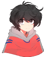 a drawing of a person wearing a red and grey hoodie