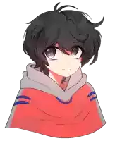 a drawing of a person wearing a red and grey hoodie