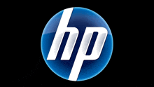 a blue and white hp logo is on a black background