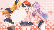 three anime girls standing next to each other with a speech bubble