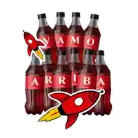 a bunch of coca cola bottles with a rocket flying in the background