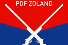 a red , blue and white flag with two crossed guns and the words `` pdf zoland '' .