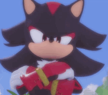 shadow the hedgehog is a cartoon character from the video game sonic the hedgehog holding a gun .