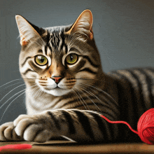 a cat playing with a ball of red yarn on a table