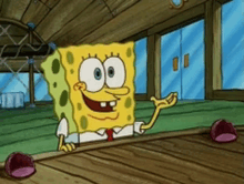 a cartoon character named spongebob is standing on a wooden floor