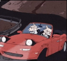 a cartoon of two cats driving a red car with the word nyata on the side .