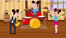 a cartoon of mickey mouse playing drums and a saxophone