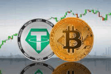 a tether and a bitcoin are sitting next to each other on a table with a graph in the background .