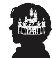 a silhouette of a person 's head with a castle in the background