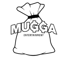 a black and white drawing of a money bag with the word mugga entertainment written on it .