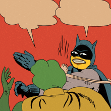 a cartoon of batman and robin with speech bubbles on a red background