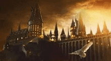 a bird is flying in front of a castle in harry potter .