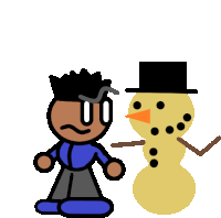 a cartoon character is standing next to a snowman with a top hat on .