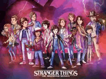 a group of people are standing next to each other on a purple background in a stranger things animated series poster .