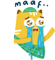 a cartoon cat is crying and has the word maaf written above it