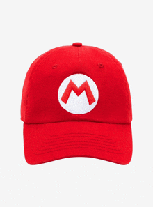 a red hat with a white circle with a red m on it