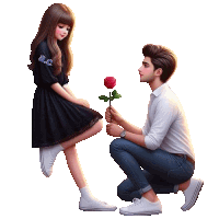 a man is kneeling down to give a girl a red rose