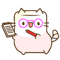 a cartoon cat wearing glasses is holding a notepad and a pen