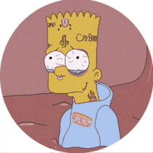 a cartoon of bart simpson wearing a blue sadboy hoodie