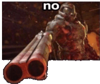 a picture of a video game character holding a gun with the word no on it .